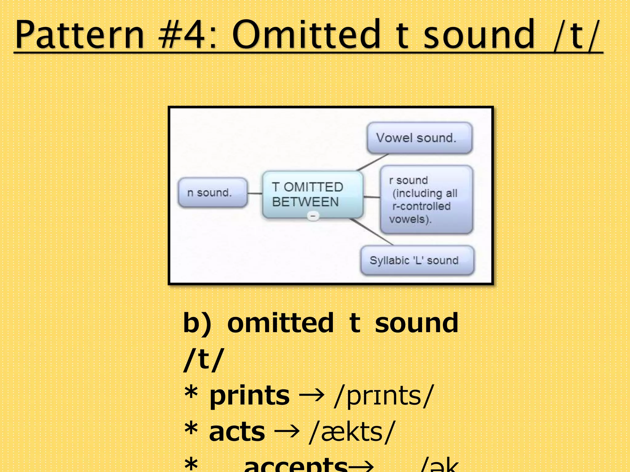 Pattern #4: Omitted t sound /t/ 
b) omitted t sound 
/t/ 
* prints → /prɪnts/ 
* acts → /ækts/ 
* accepts→ /ək 
 