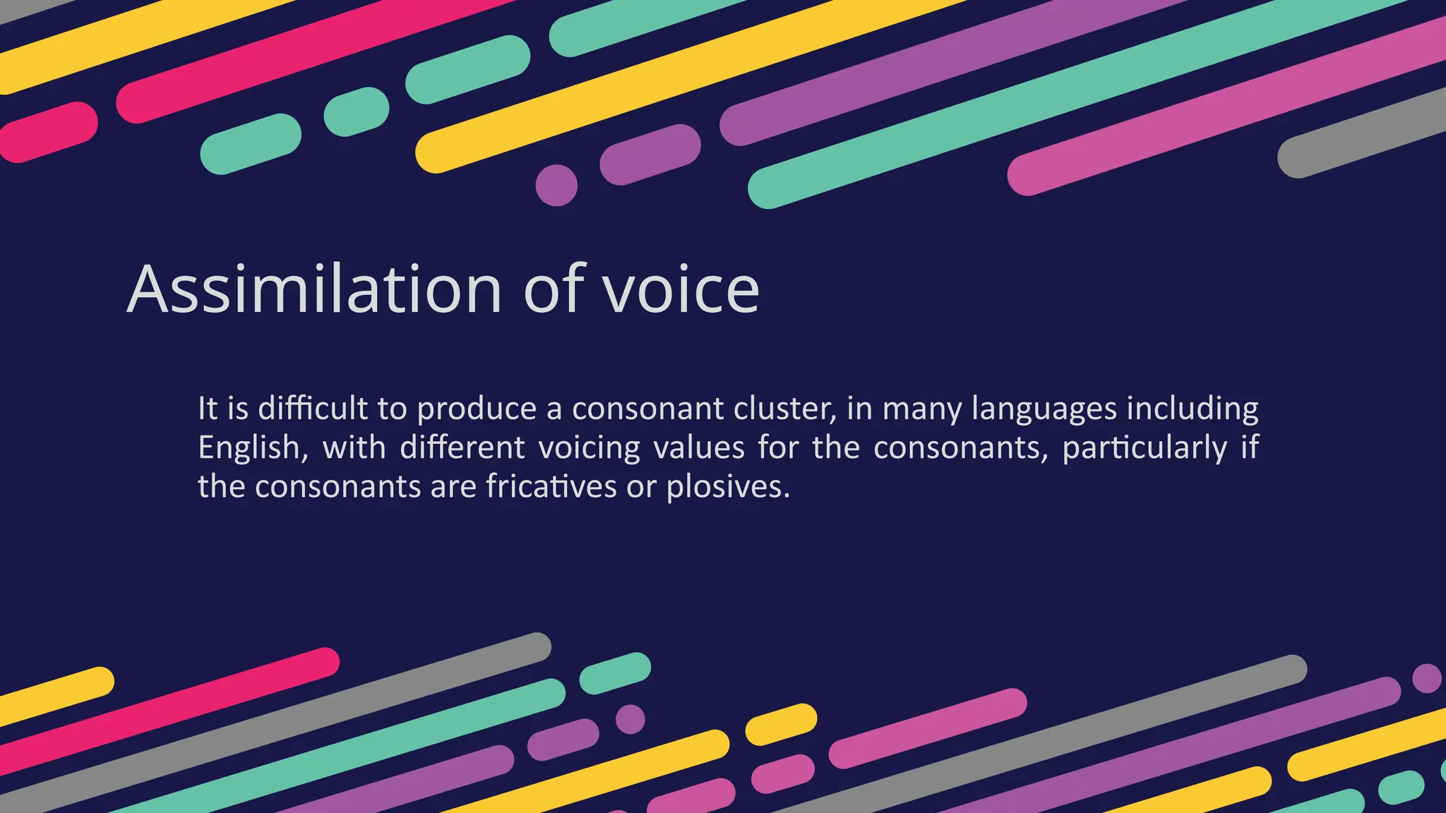 Assimilation of voice
It is difficult to produce a consonant cluster, in many languages including
English, with different voicing values for the consonants, particularly if
the consonants are fricatives or plosives.
 