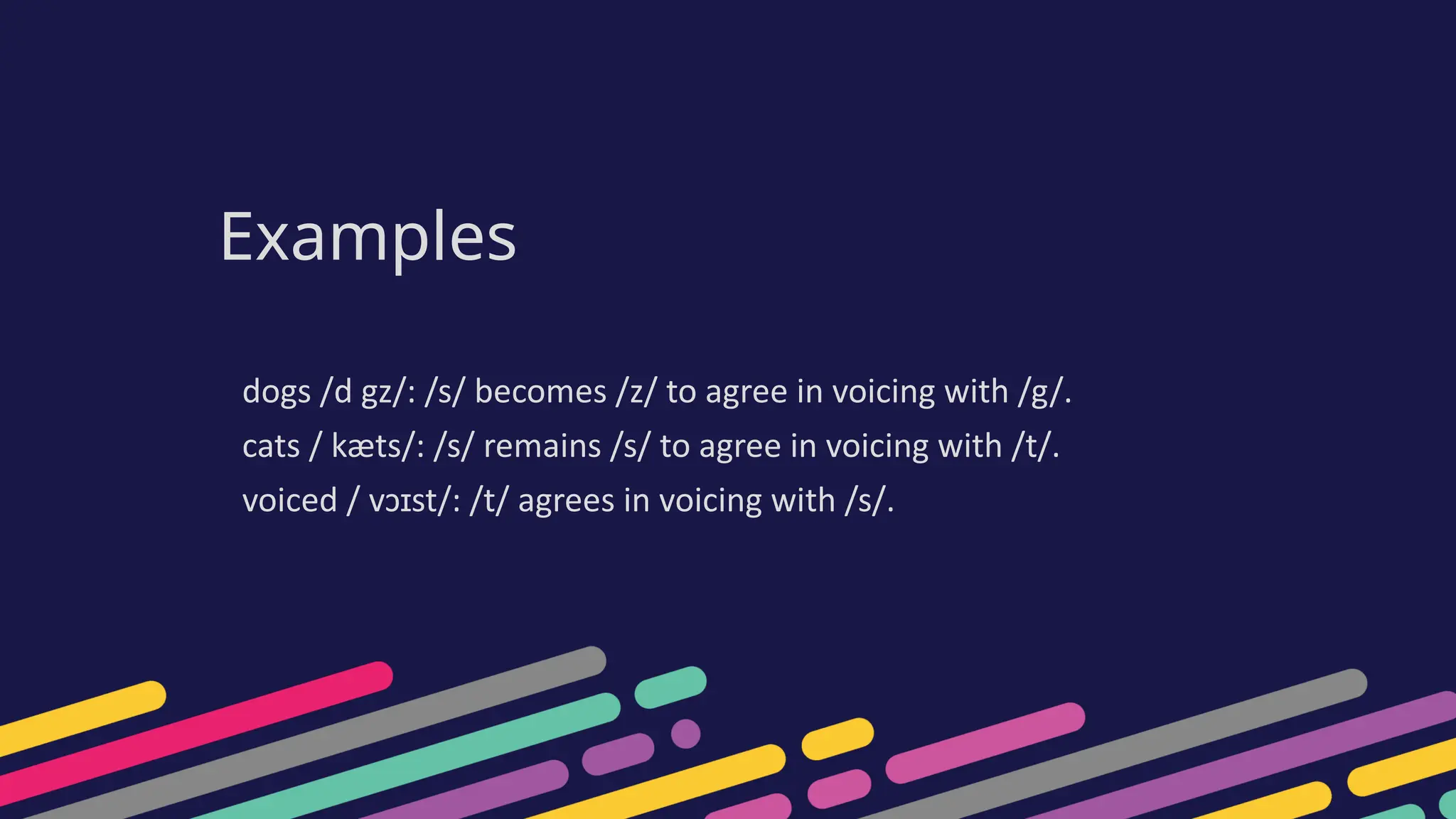 Examples
dogs /d gz/: /s/ becomes /z/ to agree in voicing with /g/.
cats / kæts/: /s/ remains /s/ to agree in voicing with /t/.
voiced / vɔɪst/: /t/ agrees in voicing with /s/.
 