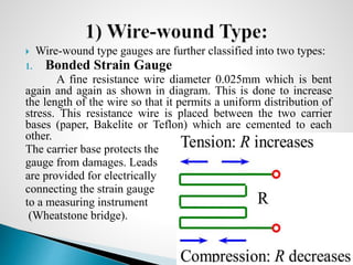  Wire-wound type gauges are further classified into two types:
1. Bonded Strain Gauge
A fine resistance wire diameter 0.025mm which is bent
again and again as shown in diagram. This is done to increase
the length of the wire so that it permits a uniform distribution of
stress. This resistance wire is placed between the two carrier
bases (paper, Bakelite or Teflon) which are cemented to each
other.
The carrier base protects the
gauge from damages. Leads
are provided for electrically
connecting the strain gauge
to a measuring instrument
(Wheatstone bridge).
Prepared by : Syed Abuzar 14
 