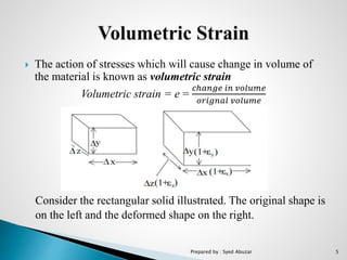  The action of stresses which will cause change in volume of
the material is known as volumetric strain
Volumetric strain = e =
𝑐ℎ𝑎𝑛𝑔𝑒 𝑖𝑛 𝑣𝑜𝑙𝑢𝑚𝑒
𝑜𝑟𝑖𝑔𝑛𝑎𝑙 𝑣𝑜𝑙𝑢𝑚𝑒
Consider the rectangular solid illustrated. The original shape is
on the left and the deformed shape on the right.
Prepared by : Syed Abuzar 5
 