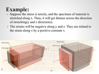  Suppose the stress is tensile, and the specimen of material is
stretched along x. Then, it will get thinner across the direction
of stretching(y and z directions).
 The strains will be negative along y and z. They are related to
the strain along x by a positive constant v.
Prepared by : Syed Abuzar 8
 