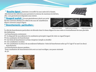 * Bouche égout : destinées à recueillir les eaux usées de la chassée,
elles doivent être sélectives pour permettre la retenue du maximum de déchets,
elles sont généralement disposées sous trottoir.
* Reagard avaloir : ils sont généralement placés aux point
bas des caniveaux destine à la collecte des eaux de ruissellement
depuis caniveaux jusqu’à l’égout.
* Branchements particuliers :
Le rôle des branchements particuliers est découler dans le réseau dégout les eaux usées et éventuellement les eaux pluviales
des habitations.
Les branchements contiennent :
 Un dispositif de raccordement à la canalisation principale (regard de visite ou regard borgne)
 Une canalisation de branchement
 Une boite de branchement ou fosse réceptrice (simple ou double)
 Une canalisation (ou deux
 Une canalisation (ou deux) de raccordement habitation -boite de branchement selon qu‟il s‟agit d‟un seul (ou deux)
branchements.
Les branchements doivent satisfaire :
Toute canalisation de branchement doit avoir un tracé rectiligne, une pente minimale
de 3%.
 