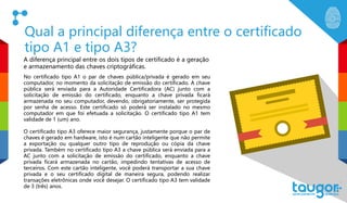Qual a principal diferença entre o certificado
tipo A1 e tipo A3?
No certificado tipo A1 o par de chaves pública/privada é gerado em seu
computador, no momento da solicitação de emissão do certificado. A chave
pública será enviada para a Autoridade Certificadora (AC) junto com a
solicitação de emissão do certificado, enquanto a chave privada ficará
armazenada no seu computador, devendo, obrigatoriamente, ser protegida
por senha de acesso. Este certificado só poderá ser instalado no mesmo
computador em que foi efetuada a solicitação. O certificado tipo A1 tem
validade de 1 (um) ano.
O certificado tipo A3 oferece maior segurança, justamente porque o par de
chaves é gerado em hardware, isto é num cartão inteligente que não permite
a exportação ou qualquer outro tipo de reprodução ou cópia da chave
privada. Também no certificado tipo A3 a chave pública será enviada para a
AC junto com a solicitação de emissão do certificado, enquanto a chave
privada ficará armazenada no cartão, impedindo tentativas de acesso de
terceiros. Com este cartão inteligente, você poderá transportar a sua chave
privada e o seu certificado digital de maneira segura, podendo realizar
transações eletrônicas onde você desejar. O certificado tipo A3 tem validade
de 3 (três) anos.
A diferença principal entre os dois tipos de certificado é a geração
e armazenamento das chaves criptográficas.
 