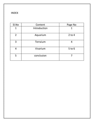 INDEX
Sl.No Content Page No
1 Introduction 1
2 Aquarium 2 to 4
3 Terraium 4
4 Vivarium 5 to 6
5 conclusion 7
 