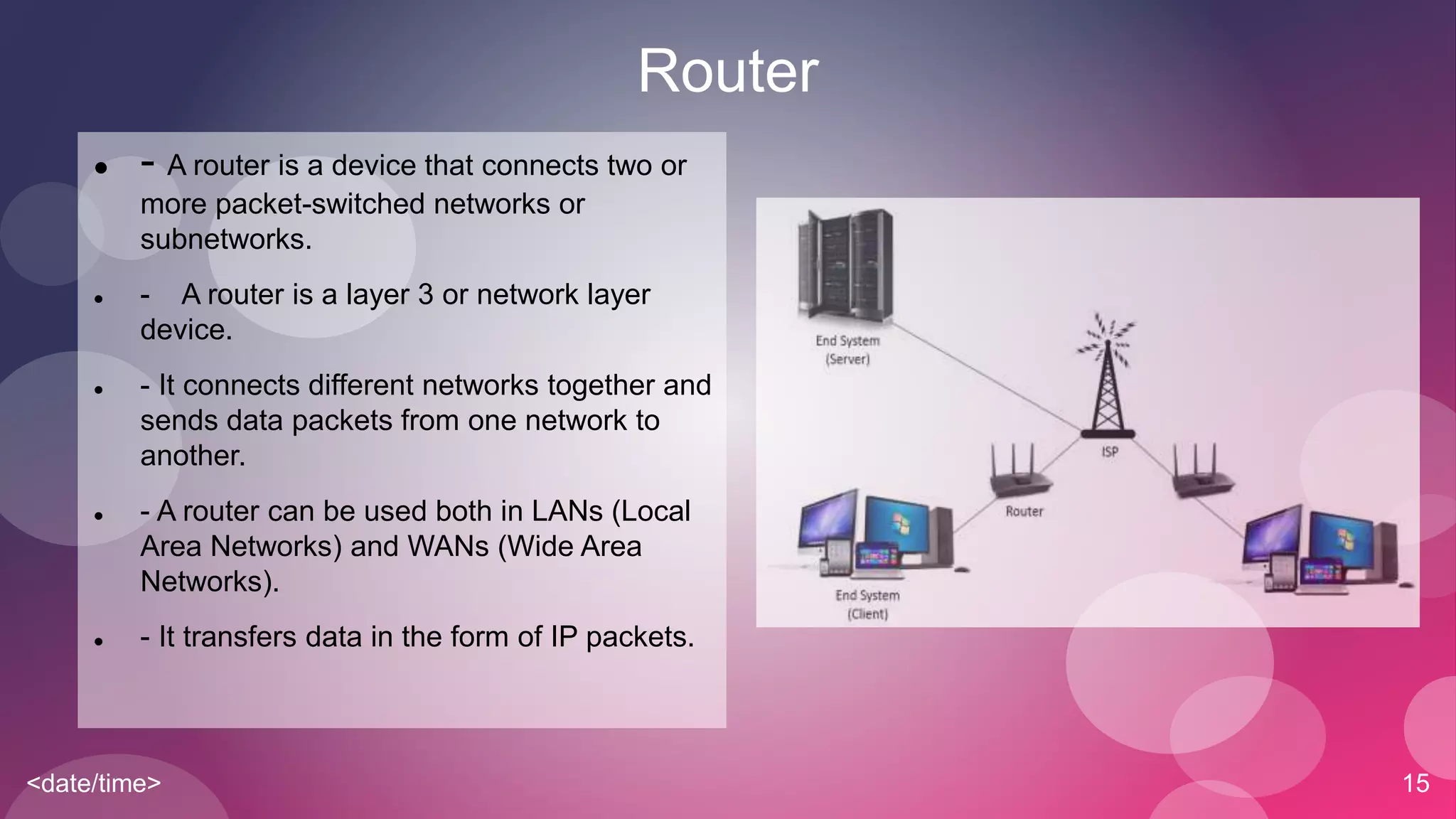 <date/time> 15
Router
 - A router is a device that connects two or
more packet-switched networks or
subnetworks.
 - A router is a layer 3 or network layer
device.
 - It connects different networks together and
sends data packets from one network to
another.
 - A router can be used both in LANs (Local
Area Networks) and WANs (Wide Area
Networks).
 - It transfers data in the form of IP packets.
 