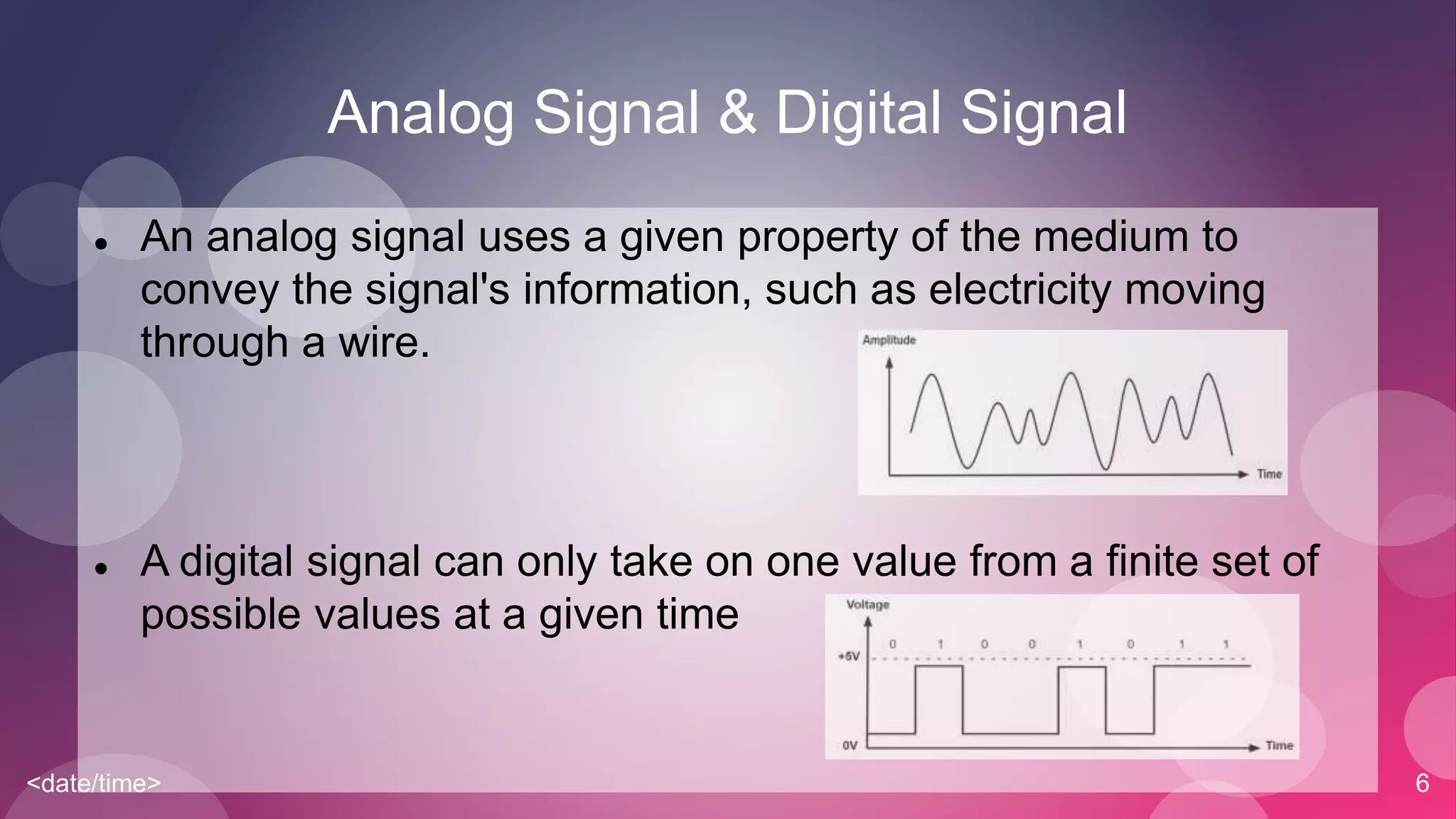 <date/time> 6
Analog Signal & Digital Signal
 An analog signal uses a given property of the medium to
convey the signal's information, such as electricity moving
through a wire.
 A digital signal can only take on one value from a finite set of
possible values at a given time
 