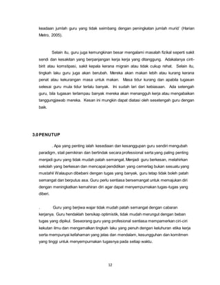 12
keadaan jumlah guru yang tidak seimbang dengan peningkatan jumlah murid´ (Harian
Metro, 2005).
Selain itu, guru juga kemungkinan besar mengalami masalah fizikal seperti sakit
sendi dan kesakitan yang berpanjangan kerja kerja yang ditanggung. Adakalanya cirit-
birit atau komstipasi, sakit kepala kerana migrain atau tidak cukup rehat. Selain itu,
tingkah laku guru juga akan berubah. Mereka akan makan lebih atau kurang kerana
penat atau kekurangan masa untuk makan. Masa tidur kurang dan apabila tugasan
selesai guru mula tidur terlalu banyak. Ini sudah lari dari kebiasaan. Ada setengah
guru, bila tugasan terlampau banyak mereka akan menangguh kerja atau mengabaikan
tanggungjawab mereka. Kesan ini mungkin dapat diatasi oleh sesetengah guru dengan
baik.
3.0PENUTUP
. Apa yang penting ialah kesediaan dan kesanggupan guru sendiri mengubah
paradigm, stail pemikiran dan bertindak secara professional serta yang paling penting
menjadi guru yang tidak mudah patah semangat. Menjadi guru berkesan, melahirkan
sekolah yang berkesan dan mencapai pendidikan yang cemerlag bukan sesuatu yang
mustahil Walaupun dibebani dengan tugas yang banyak, guru tetap tidak boleh patah
semangat dan berputus asa. Guru perlu sentiasa bersemangat untuk memajukan diri
dengan meningkatkan kemahiran diri agar dapat menyempurnakan tugas-tugas yang
diberi.
. Guru yang berjiwa wajar tidak mudah patah semangat dengan cabaran
kerjanya. Guru hendaklah bersikap optimistik, tidak mudah merungut dengan beban
tugas yang dipikul. Seseorang guru yang profesional sentiasa mempamerkan ciri-ciri
kekutan ilmu dan mengamalkan tingkah laku yang penuh dengan keluhuran etika kerja
serta mempunyai kefahaman yang jelas dan mendalam, kesungguhan dan komitmen
yang tinggi untuk menyempurnakan tugasnya pada setiap waktu.
 