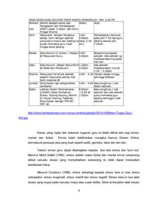 8
http://www.beritasemasa.com.my/wp-content/uploads/2013/10/Beban-Tugas-Guru-
Kini.jpg
Kesan yang nyata dari bebanan tugasan guru ini boleh dilihat dari segi emosi,
mental dan fizikal. Emosi boleh didefinisikan mengikut Kamus Dewan Online,
bermaksud perasaan jiwa yang kuat seperti sedih, gembira, takut dan lain-lain.
Tekann emosi guru dapat dibahagikan kepada dua iaitu stress dan ‘burn-out’.
Menurut Mohd Salleh (1994), stress adalah reaksi fizikal dan mental emosi seseorang
akibat sesuatu situasi yang menyebabkan seseorang itu tidak dapat merasakan
keselesaan hidup.
Menurut Cockburn (1996), stress terbahagi kepada stress here or now, stress
anticipation, stress imaginatif, stress reaktif dan stress negatif. Stress here or now ialah
situasi yang wujud pada sesuatu masa atau suatu ketika. Stres amtociption ialah situasi
 