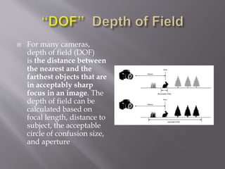  For many cameras,
depth of field (DOF)
is the distance between
the nearest and the
farthest objects that are
in acceptably sharp
focus in an image. The
depth of field can be
calculated based on
focal length, distance to
subject, the acceptable
circle of confusion size,
and aperture
 