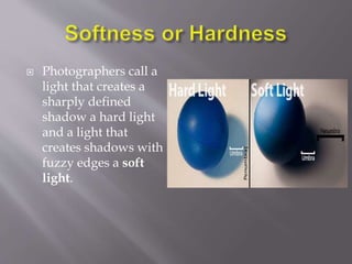  Photographers call a
light that creates a
sharply defined
shadow a hard light
and a light that
creates shadows with
fuzzy edges a soft
light.
 