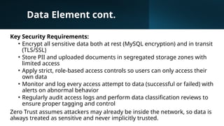 Data Element cont.
Key Security Requirements:
• Encrypt all sensitive data both at rest (MySQL encryption) and in transit
(TLS/SSL)
• Store PII and uploaded documents in segregated storage zones with
limited access
• Apply strict, role-based access controls so users can only access their
own data
• Monitor and log every access attempt to data (successful or failed) with
alerts on abnormal behavior
• Regularly audit access logs and perform data classification reviews to
ensure proper tagging and control
Zero Trust assumes attackers may already be inside the network, so data is
always treated as sensitive and never implicitly trusted.
 
