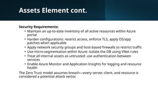 Assets Element cont.
Security Requirements:
• Maintain an up-to-date inventory of all active resources within Azure
portal
• Harden configurations: restrict access, enforce TLS, apply OS/app
patches when applicable
• Apply network security groups and host-based firewalls to restrict traffic
• Use micro-segmentation within Azure: isolate the DB using VNet rules
• Treat all internal assets as untrusted: use authentication between
services
• Enable Azure Monitor and Application Insights for logging and resource
health
The Zero Trust model assumes breach—every server, client, and resource is
considered a potential attack vector.
 