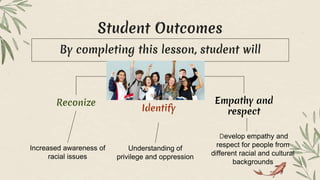 Student Outcomes
By completing this lesson, student will
Reconize
Increased awareness of
racial issues
Identify
Understanding of
privilege and oppression
Empathy and
respect
Develop empathy and
respect for people from
different racial and cultural
backgrounds
 