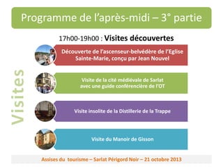 Programme de l’après-midi – 3° partie
17h00-19h00 : Visites découvertes

Visites

Découverte de l’ascenseur-belvédère de l’Eglise
Sainte-Marie, conçu par Jean Nouvel

Visite de la cité médiévale de Sarlat
avec une guide conférencière de l’OT

Visite insolite de la Distillerie de la Trappe

Visite du Manoir de Gisson

Assises du tourisme – Sarlat Périgord Noir – 21 octobre 2013

 