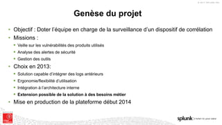 © 2017 SPLUNK INC.
• Objectif : Doter l’équipe en charge de la surveillance d’un dispositif de corrélation
• Missions :
§ Veille sur les vulnérabilités des produits utilisés
§ Analyse des alertes de sécurité
§ Gestion des outils
• Choix en 2013:
§ Solution capable d’intégrer des logs antérieurs
§ Ergonomie/flexibilité d’utilisation
§ Intégration à l’architecture interne
§ Extension possible de la solution à des besoins métier
• Mise en production de la plateforme début 2014
Genèse du projet
 