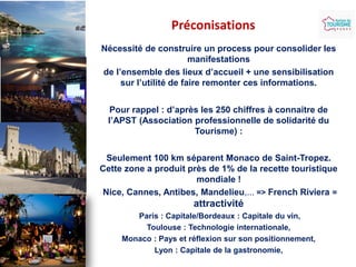 Préconisations
Nécessité de construire un process pour consolider les
manifestations
de l’ensemble des lieux d’accueil + une sensibilisation
sur l’utilité de faire remonter ces informations.
Pour rappel : d’après les 250 chiffres à connaitre de
l’APST (Association professionnelle de solidarité du
Tourisme) :
Seulement 100 km séparent Monaco de Saint-Tropez.
Cette zone a produit près de 1% de la recette touristique
mondiale !
Nice, Cannes, Antibes, Mandelieu,... => French Riviera =

attractivité
Paris : Capitale/Bordeaux : Capitale du vin,
Toulouse : Technologie internationale,
Monaco : Pays et réflexion sur son positionnement,
Lyon : Capitale de la gastronomie,

 
