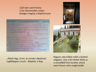 1225-ben szent Ferenc
a San Damianoban súlyos
betegen megírja a Naphimnuszt.
„Áldott légy, Uram, és minden alkotásod.
Legfőképpen Urunk – Bátyánk, a Nap,
Nagyon szép kilátás nyílik a Spoleto
völgyére. Lent a fal mellett állott az
a vesszőkből font kunyhó, ahová
szent Ferenc néha meghúzódót
 
