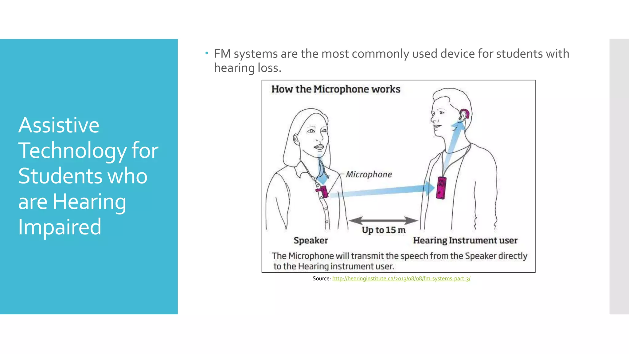Assistive
Technology for
Students who
are Hearing
Impaired
 FM systems are the most commonly used device for students with
hearing loss.
Source: http://hearinginstitute.ca/2013/08/08/fm-systems-part-3/
 