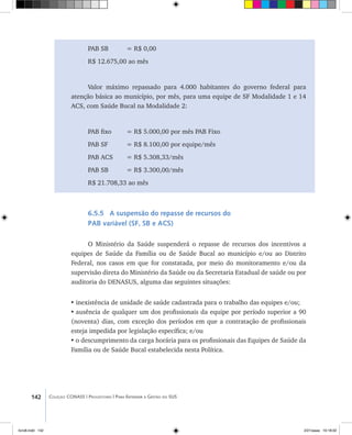 142 Coleção CONASS | Progestores ������� ����������� ���������� ���| Para Entender a Gestão do SUS
PAB SB 	 = R$ 0,00
R$ 12.675,00 ao mês
Valor máximo repassado para 4.000 habitantes do governo federal para
atenção básica ao município, por mês, para uma equipe de SF Modalidade 1 e 14
ACS, com Saúde Bucal na Modalidade 2:
PAB fixo	 = R$ 5.000,00 por mês PAB Fixo
PAB SF 	 = R$ 8.100,00 por equipe/mês
PAB ACS 	 = R$ 5.308,33/mês
PAB SB 	 = R$ 3.300,00/mês
R$ 21.708,33 ao mês
6.5.5 A suspensão do repasse de recursos do
PAB variável (SF, SB e ACS)
O Ministério da Saúde suspenderá o repasse de recursos dos incentivos a
equipes de Saúde da Família ou de Saúde Bucal ao município e/ou ao Distrito
Federal, nos casos em que for constatada, por meio do monitoramento e/ou da
supervisão direta do Ministério da Saúde ou da Secretaria Estadual de saúde ou por
auditoria do DENASUS, alguma das seguintes situações:
•	inexistência de unidade de saúde cadastrada para o trabalho das equipes e/ou;
•	ausência de qualquer um dos profissionais da equipe por período superior a 90
(noventa) dias, com exceção dos períodos em que a contratação de profissionais
esteja impedida por legislação específica; e/ou
•	o descumprimento da carga horária para os profissionais das Equipes de Saúde da
Família ou de Saúde Bucal estabelecida nesta Política.
livro8.indd 142 2/21/aaaa 10:18:02
 