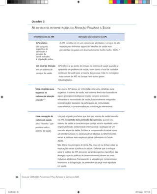 34 Coleção CONASS | Progestores ������� ����������� ���������� ���| Para Entender a Gestão do SUS
Quadro 2
As diferentes interpretações da Atenção Primária à Saúde
INTERPRETAÇÕES DE APS DEFINIÇÃO OU CONCEITO DE APS
APS seletiva
Um conjunto
específico de
atividades e
serviços de
saúde voltados
à população pobre.
A APS constitui-se em um conjunto de atividades e serviços de alto
impacto para enfrentar alguns dos desafios de saúde mais
prevalentes nos países em desenvolvimento (Gofin; Gofin, 2005).*
Um nível de Atenção
em um sistema de
serviços de saúde.
APS refere-se ao ponto de entrada no sistema de saúde quando se
apresenta um problema de saúde, assim como o local de cuidados
contínuos da saúde para a maioria das pessoas. Esta é a concepção
mais comum da APS na Europa e em outros países
industrializados.
Uma estratégia para
organizar os
sistemas de atenção
à saúde **
Para que a APS possa ser entendida como uma estratégia para
organizar o sistema de saúde, este sistema deve estar baseado em
alguns princípios estratégicos simples: serviços acessíveis,
relevantes às necessidades de saúde; funcionalmente integrados
(coordenação); baseados na participação da comunidade,
custo-efetivos, e caracterizados por colaboração intersetorial.
Uma concepção de
sistema de saúde,
uma “filosofia” que
permeia todo o
sistema de saúde.
Um país só pode proclamar que tem um sistema de saúde baseado
na APS, , quando seu
sistema de saúde se caracteriza por: justiça social e equidade; auto-
responsabilidade; solidariedade internacional e aceitação de um
conceito amplo de saúde. Enfatiza a compreensão da saúde como
um direito humano e a necessidade de abordar os determinantes
sociais e políticos mais amplos da saúde (Ministério da Saúde,
2006).
no sentido mais profundo da expressão
Não difere nos princípios de Alma-Ata, mas sim na ênfase sobre as
implicações sociais e políticas na saúde. Defende que o enfoque
social e político da APS deixaram para trás aspectos específicos das
doenças e que as políticas de desenvolvimento devem ser mais
inclusivas, dinâmicas, transparentes e apoiadas por compromissos
financeiros e de legislação, se pretendem alcançar mais eqüidade
em saúde.
livro8.indd 34 2/21/aaaa 10:17:49
 