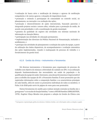 85Atenção Primária e Promoção da Saúde
•	realização de busca ativa e notificação de doenças e agravos de notificação
compulsória e de outros agravos e situações de importância local;
•	promoção e estímulo à participação da comunidade no controle social, no
planejamento, na execução e na avaliação das ações;
•	promoção e desenvolvimento de ações intersetoriais, buscando parcerias e
integrando projetos sociais e setores afins, voltados para a promoção da saúde, de
acordo com prioridades e sob a coordenação da gestão municipal;
•	garantia da qualidade do registro das atividades nos sistemas nacionais de
informação na Atenção Básica;
•	participação nas atividades de educação permanente;
•	implementação das diretrizes da Política Nacional de Humanização, incluindo o
acolhimento; e
•	participar das atividades de planejamento e avaliação das ações da equipe, a partir
da utilização dos dados disponíveis, do acompanhamento e avaliação sistemática
das ações implementadas, visando à readequação do processo de trabalho e o
fortalecimento da gestão local.
4.2.5 Gestão da clínica – instrumentos e ferramentas
Há diversos instrumentos e ferramentas para organização do processo do
trabalho com objetivo de otimizar a efetividade do cuidado em APS. A sua utilização
depende fundamentalmente das necessidades em saúde da população e da
qualificaçãodaequipedesaúde.Entretanto,umadessasferramentaséimprescindível
para o trabalho das equipes de SF: o Prontuário Familiar. É neste prontuário que são
registradas informações sobre a composição familiar e as características principais
de cada família, além de conter os prontuários individuais de todos os membros. A
Ficha A do SIAB pode servir de página de rosto para este prontuário.
Outras ferramentas de auxílio para realizar atenção centrada na família são o
genograma18
easescalasdefunçãofamiliar,19
comooAPGARFamiliar(SMILLKSTEIN,
1978). Eugênio Vilaça Mendes tem proposto a adoção da Gestão da Clínica com
18
Genograma: representação gráfica da estrutura e histórico familiar, com informações sobre as relações e papéis
livro8.indd 85 2/21/aaaa 10:17:55
 