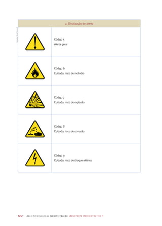 120	 Arco Ocupacional Administração Assistente Administrativo 1
2. Sinalização de alerta
Código 5
Alerta geral
Código 6
Cuidado, risco de incêndio
Código 7
Cuidado, risco de explosão
Código 8
Cuidado, risco de corrosão
Código 9
Cuidado, risco de choque elétrico
Ilustrações:DanielBeneventi
 
