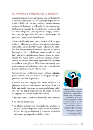 Assistente Administrativo 1 Arco Ocupacional Administração	 15
Da manufatura à mecanização da produção
A manufatura configurou a produção no período anterior
à Revolução Industrial. Ela foi caracterizada por proces-
sos de trabalho em que havia a divisão das tarefas entre
vários trabalhadores e a utilização de ferramentas que
facilitavam a execução das atividades. No entanto, ainda
não havia máquinas. Com o passar do tempo, a manu-
fatura, ou seja, a produção feita com as próprias mãos, foi
perdendo espaço para a mecanização.
A invenção da máquina a vapor, como você já viu, per-
mitiu às indústrias um salto significativo na produção,
marcando o início da 1a
Revolução Industrial. O traba-
lho feito anteriormente de maneira artesanal era lento e
heterogêneo. Se o trabalhador moldasse o barro para
fazer um jarro, o próximo que fizesse poderia ser seme-
lhante, mas nunca ficaria idêntico ao primeiro. As má-
quinas, no entanto, ofereceram a possibilidade de tornar
os produtos homogêneos. Além disso, o tempo de pro-
dução passou a ser mais curto. Com isso, o proprietário
passou a produzir, vender e lucrar mais.
Foi nesse período também que nasceu a ideia de emprego,
pois o trabalho realizado em um dia era pago pelo pro-
prietário dos meios de produção.
Contudo, não havia emprego para toda a população, e a
pobreza e a fome se alastraram na sociedade. Se, de um
lado, a produção crescia, de outro, as condições de traba-
lho e de vida da população que saía do campo em busca
de emprego nas cidades eram muito difíceis.
Veja como eram as condições de trabalho nesse período:
•	 os salários eram baixos;
•	 as fábricas contratavam principalmente mulheres e
crianças, sobretudo porque os salários eram ainda in-
feriores aos pagos aos homens. A estes eram destinadas
as funções que dependiam da força física;
Emprego: Relação firmada
entre o proprietário dos meios
de produção – que são: ferra-
mentas, terras, máquinas etc.
– e o trabalhador. Nesse con-
trato, o empregador compra
a força de trabalho, ou seja,
paga pelo trabalho realizado.
Fonte: SÃO PAULO (Estado).
Secretaria de Desenvolvimento
Econômico, Ciência, Tecnologia
e Inovação (Sdecti). Sociologia:
caderno do estudante.
Ensino Médio. São Paulo:
Sdecti/SEE, 2015. v. 1.
 