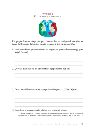 Assistente Administrativo 1 Arco Ocupacional Administração	 17
Atividade 2
Maquinaria e emprego
Em grupo, discutam o que compreenderam sobre as condições de trabalho na
época da Revolução Industrial. Depois, respondam às seguintes questões:
1.	 Vocês consideram que a maquinaria era responsável por não haver emprego para
todos? Por quê?
2.	Quebrar máquinas era um ato contra os equipamentos? Por quê?
3.	Existem semelhanças entre o emprego daquela época e o de hoje? Quais?
4. Organizem uma apresentação criativa para os demais colegas.
Fonte: SÃO PAULO (Estado). Secretaria de Desenvolvimento Econômico, Ciência, Tecnologia e
Inovação (Sdecti). Sociologia: caderno do estudante. Ensino Médio. São Paulo: Sdecti/SEE, 2015. v. 1.
 