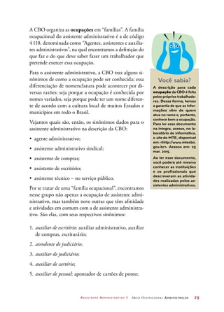 Assistente Administrativo 1 Arco Ocupacional Administração	 29
A CBO organiza as ocupações em “famílias”. A família
ocupacional do assistente administrativo é a de código
4 110, denominada como “Agentes, assistentes e auxilia-
res administrativos”, na qual encontramos a definição do
que faz e do que deve saber fazer um trabalhador que
pretende exercer essa ocupação.
Para o assistente administrativo, a CBO traz alguns si-
nônimos de como a ocupação pode ser conhecida; essa
diferenciação de nomenclatura pode acontecer por di-
versas razões: seja porque a ocupação é conhecida por
nomes variados, seja porque pode ter um nome diferen-
te de acordo com a cultura local de muitos Estados e
municípios em todo o Brasil.
Vejamos quais são, então, os sinônimos dados para o
assistente administrativo na descrição da CBO:
•	 agente administrativo;
•	 assistente administrativo sindical;
•	 assistente de compras;
•	 assistente de escritório;
•	 assistente técnico – no serviço público.
Por se tratar de uma “família ocupacional”, encontramos
nesse grupo não apenas a ocupação de assistente admi-
nistrativo, mas também nove outras que têm afinidade
e atividades em comum com a de assistente administra-
tivo. São elas, com seus respectivos sinônimos:
1.	auxiliar de escritório: auxiliar administrativo, auxiliar
de compras, escriturário;
2.	atendente de judiciário;
3.	auxiliar de judiciário;
4.	auxiliar de cartório;
5.	auxiliar de pessoal: apontador de cartões de ponto;
Você sabia?
A descrição para cada
ocupação da CBO é feita
pelos próprios trabalhado-
res. Dessa forma, temos
a garantia de que as infor-
mações vêm de quem
atua no ramo e, portanto,
conhece bem a ocupação.
Para ler esse documento
na íntegra, acesse, no la-
boratório de informática,
o site do MTE, disponível
em: http://www.mtecbo.
gov.br. Acesso em: 25
mar. 2015.
Ao ler esse documento,
você poderá até mesmo
conhecer as instituições
e os profissionais que
descreveram as ativida-
des realizadas pelos as-
sistentes administrativos.
 