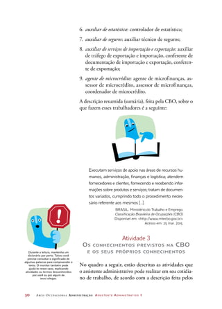 30	 Arco Ocupacional Administração Assistente Administrativo 1
6.	auxiliar de estatística: controlador de estatística;
7.	auxiliar de seguros: auxiliar técnico de seguros;
8.	auxiliar de serviços de importação e exportação: auxiliar
de tráfego de exportação e importação, conferente de
documentação de importação e exportação, conferen-
te de exportação;
9.	agente de microcrédito: agente de microfinanças, as-
sessor de microcrédito, assessor de microfinanças,
coordenador de microcrédito.
A descrição resumida (sumária), feita pela CBO, sobre o
que fazem esses trabalhadores é a seguinte:
Executam serviços de apoio nas áreas de recursos hu-
manos, administração, finanças e logística; atendem
fornecedores e clientes, fornecendo e recebendo infor-
mações sobre produtos e serviços; tratam de documen-
tos variados, cumprindo todo o procedimento neces-
sário referente aos mesmos [...].
BRASIL. Ministério do Trabalho e Emprego.
Classificação Brasileira de Ocupações (CBO).
Disponível em: http://www.mtecbo.gov.br.
Acesso em: 25 mar. 2015.
Atividade 3
Os conhecimentos previstos na CBO
e os seus próprios conhecimentos
No quadro a seguir, estão descritas as atividades que
o assistente administrativo pode realizar em seu cotidia-
no de trabalho, de acordo com a descrição feita pelos
Durante a leitura, mantenha um
dicionário por perto. Talvez você
precise consultar o significado de
algumas palavras para compreender o
texto. O monitor também pode
ajudá-lo nesse caso, explicando
atividades ou termos desconhecidos
por você ou por algum de
seus colegas.
 