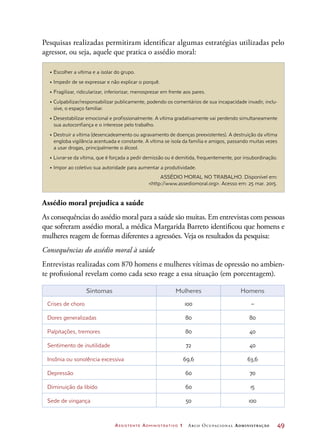 Assistente Administrativo 1 Arco Ocupacional Administração	 49
Pesquisas realizadas permitiram identificar algumas estratégias utilizadas pelo
agressor, ou seja, aquele que pratica o assédio moral:
Assédio moral prejudica a saúde
As consequências do assédio moral para a saúde são muitas. Em entrevistas com pessoas
que sofreram assédio moral, a médica Margarida Barreto identificou que homens e
mulheres reagem de formas diferentes a agressões. Veja os resultados da pesquisa:
Consequências do assédio moral à saúde
Entrevistas realizadas com 870 homens e mulheres vítimas de opressão no ambien-
te profissional revelam como cada sexo reage a essa situação (em porcentagem).
Sintomas Mulheres Homens
Crises de choro 100 –
Dores generalizadas 80 80
Palpitações, tremores 80 40
Sentimento de inutilidade 72 40
Insônia ou sonolência excessiva 69,6 63,6
Depressão 60 70
Diminuição da libido 60 15
Sede de vingança 50 100
• Escolher a vítima e a isolar do grupo.
• Impedir de se expressar e não explicar o porquê.
• Fragilizar, ridicularizar, inferiorizar, menosprezar em frente aos pares.
• Culpabilizar/responsabilizar publicamente, podendo os comentários de sua incapacidade invadir, inclu-
sive, o espaço familiar.
• Desestabilizar emocional e profissionalmente. A vítima gradativamente vai perdendo simultaneamente
sua autoconfiança e o interesse pelo trabalho.
• Destruir a vítima (desencadeamento ou agravamento de doenças preexistentes). A destruição da vítima
engloba vigilância acentuada e constante. A vítima se isola da família e amigos, passando muitas vezes
a usar drogas, principalmente o álcool.
• Livrar-se da vítima, que é forçada a pedir demissão ou é demitida, frequentemente, por insubordinação.
• Impor ao coletivo sua autoridade para aumentar a produtividade.
ASSÉDIO MORAL NO TRABALHO. Disponível em:
http://www.assediomoral.org. Acesso em: 25 mar. 2015.
 