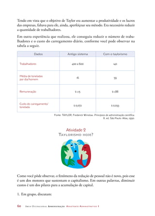 60	 Arco Ocupacional Administração Assistente Administrativo 1
Tendo em vista que o objetivo de Taylor era aumentar a produtividade e os lucros
das empresas, faltava para ele, ainda, aperfeiçoar seu método. Era necessário reduzir
a quantidade de trabalhadores.
Em outra experiência que realizou, ele conseguiu reduzir o número de traba-
lhadores e o custo do carregamento diário, conforme você pode observar na
tabela a seguir.
Dados Antigo sistema Com o taylorismo
Trabalhadores 400 a 600 140
Média de toneladas
por dia/homem
16 59
Remuneração $ 1,15 $ 1,88
Custo do carregamento/
tonelada
$ 0,072 $ 0,033
Fonte: TAYLOR, Frederick Winslow. Princípios de administração científica.
8. ed. São Paulo: Atlas, 1990.
Atividade 2
Taylorismo hoje?
Como você pôde observar, o fenômeno da redução de pessoal não é novo, pois esse
é um dos motores que sustentam o capitalismo. Em outras palavras, diminuir
custos é um dos pilares para a acumulação de capital.
1.	Em grupo, discutam:
 