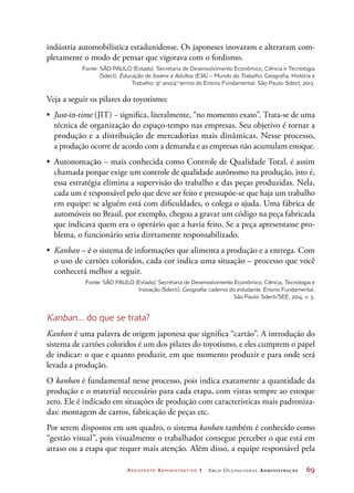 Assistente Administrativo 1 Arco Ocupacional Administração	 69
indústria automobilística estadunidense. Os japoneses inovaram e alteraram com-
pletamente o modo de pensar que vigorava com o fordismo.
Fonte: SÃO PAULO (Estado). Secretaria de Desenvolvimento Econômico, Ciência e Tecnologia
(Sdect). Educação de Jovens e Adultos (EJA) – Mundo do Trabalho. Geografia, História e
Trabalho: 9o
ano/4o
termo do Ensino Fundamental. São Paulo: Sdect, 2013.
Veja a seguir os pilares do toyotismo:
•	 Just-in-time (JIT) − significa, literalmente, “no momento exato”. Trata-se de uma
técnica de organização do espaço-tempo nas empresas. Seu objetivo é tornar a
produção e a distribuição de mercadorias mais dinâmicas. Nesse processo,
a produção ocorre de acordo com a demanda e as empresas não acumulam estoque.
•	 Autonomação − mais conhecida como Controle de Qualidade Total, é assim
chamada porque exige um controle de qualidade autônomo na produção, isto é,
essa estratégia elimina a supervisão do trabalho e das peças produzidas. Nela,
cada um é responsável pelo que deve ser feito e pressupõe-se que haja um trabalho
em equipe: se alguém está com dificuldades, o colega o ajuda. Uma fábrica de
automóveis no Brasil, por exemplo, chegou a gravar um código na peça fabricada
que indicava quem era o operário que a havia feito. Se a peça apresentasse pro-
blema, o funcionário seria diretamente responsabilizado.
•	 Kanban – é o sistema de informações que alimenta a produção e a entrega. Com
o uso de cartões coloridos, cada cor indica uma situação – processo que você
conhecerá melhor a seguir.
Fonte: SÃO PAULO (Estado). Secretaria de Desenvolvimento Econômico, Ciência, Tecnologia e
Inovação (Sdecti). Geografia: caderno do estudante. Ensino Fundamental.
São Paulo: Sdecti/SEE, 2014. v. 3.
Kanban... do que se trata?
Kanban é uma palavra de origem japonesa que significa “cartão”. A introdução do
sistema de cartões coloridos é um dos pilares do toyotismo, e eles cumprem o papel
de indicar: o que e quanto produzir, em que momento produzir e para onde será
levada a produção.
O kanban é fundamental nesse processo, pois indica exatamente a quantidade da
produção e o material necessário para cada etapa, com vistas sempre ao estoque
zero. Ele é indicado em situações de produção com características mais padroniza-
das: montagem de carros, fabricação de peças etc.
Por serem dispostos em um quadro, o sistema kanban também é conhecido como
“gestão visual”, pois visualmente o trabalhador consegue perceber o que está em
atraso ou a etapa que requer mais atenção. Além disso, a equipe responsável pela
 