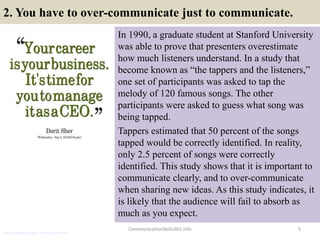 2. You have to over-communicate just to communicate.
In 1990, a graduate student at Stanford University
was able to prove that presenters overestimate
how much listeners understand. In a study that
become known as “the tappers and the listeners,”
one set of participants was asked to tap the
melody of 120 famous songs. The other
participants were asked to guess what song was
being tapped.
Tappers estimated that 50 percent of the songs
tapped would be correctly identified. In reality,
only 2.5 percent of songs were correctly
identified. This study shows that it is important to
communicate clearly, and to over-communicate
when sharing new ideas. As this study indicates, it
is likely that the audience will fail to absorb as
much as you expect.
5CommunicationSkills365.info
assistant brand manager communication skills
 