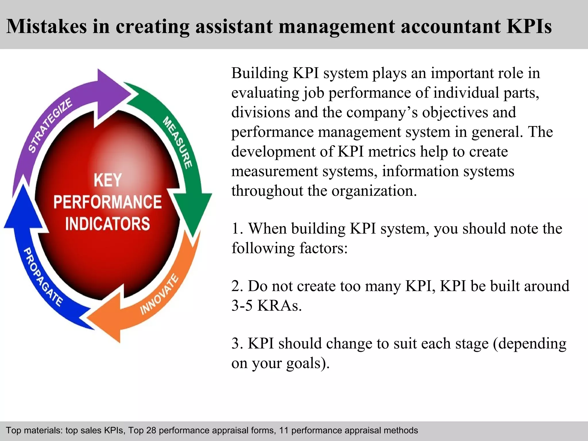 Mistakes in creating assistant management accountant KPIs 
Building KPI system plays an important role in 
evaluating job performance of individual parts, 
divisions and the company’s objectives and 
performance management system in general. The 
development of KPI metrics help to create 
measurement systems, information systems 
throughout the organization. 
1. When building KPI system, you should note the 
following factors: 
2. Do not create too many KPI, KPI be built around 
3-5 KRAs. 
3. KPI should change to suit each stage (depending 
on your goals). 
Top materials: top sales KPIs, Top 28 performance appraisal forms, 11 performance appraisal methods 
Interview questions and answers – free download/ pdf and ppt file 
 
