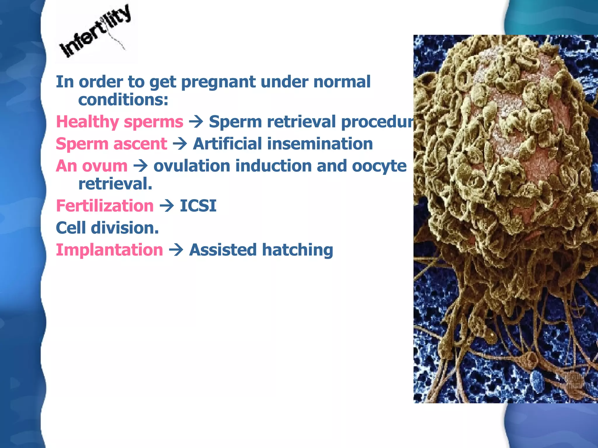 In order to get pregnant under normal conditions: Healthy sperms     Sperm retrieval procedures Sperm ascent     Artificial insemination  An ovum     ovulation induction and oocyte retrieval.  Fertilization     ICSI Cell division. Implantation     Assisted hatching 