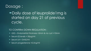 Dosage :
Daily dose of leuprolide1mg is
started on day 21 of previous
cycle.
TO CONFIRM DOWN REGULATION :
 USG – Endometrial thickness <5mm & no cyst >10mm
 Serum E2 levels < 50pg/ml
 Serum LH < 5mIU/ml
 Serum progesterone <0.5ng/ml
 
