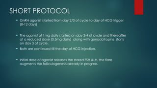 SHORT PROTOCOL
 GnRH agonist started from day 2/3 of cycle to day of HCG trigger
(8-12 days)
 The agonist of 1mg daily started on day 2-4 of cycle and thereafter
at a reduced dose (0.5mg daily) along with gonadotropins starts
on day 3 of cycle.
 Both are continued till the day of HCG injection.
 Initial dose of agonist releases the stored FSH &LH, the flare
augments the folliculogenesis already in progress.
 