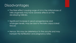 Disadvantages
 The flare effect causing surge of LH in the initial phase of
folliculogenesis may have adverse effects on the
developing follicles.
 Significant increase in serum progesterone and
androgen levels, may be due to the late corpus luteal
rescue.
 Hence, this may be deleterious to the oocyte and may
hamper the fertilization and pregnancy rates.
 