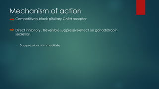 Mechanism of action
Competitively block pituitary GnRH receptor.
Direct inhibitory , Reversible suppressive effect on gonadotropin
secretion.
 Suppression is immediate
 