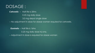 DOSAGE :
Cetrorelix – Half life is 20hrs
0.25 mg daily dose
3.0 mg depot single dose
-- No adjustment in dose for obese women required for cetrorelix.
Ganirelix – Half life is 16hrs
0.25 mg daily dose inj only.
-- Adjustment in dose is required for obese women
 