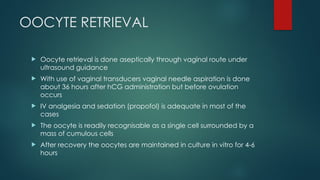 OOCYTE RETRIEVAL
 Oocyte retrieval is done aseptically through vaginal route under
ultrasound guidance
 With use of vaginal transducers vaginal needle aspiration is done
about 36 hours after hCG administration but before ovulation
occurs
 IV analgesia and sedation (propofol) is adequate in most of the
cases
 The oocyte is readily recognisable as a single cell surrounded by a
mass of cumulous cells
 After recovery the oocytes are maintained in culture in vitro for 4-6
hours
 