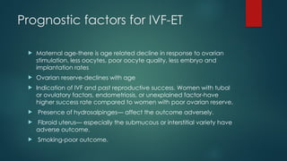 Prognostic factors for IVF-ET
 Maternal age-there is age related decline in response to ovarian
stimulation, less oocytes, poor oocyte quality, less embryo and
implantation rates
 Ovarian reserve-declines with age
 Indication of IVF and past reproductive success. Women with tubal
or ovulatory factors, endometriosis, or unexplained factor-have
higher success rate compared to women with poor ovarian reserve.
 Presence of hydrosalpinges— affect the outcome adversely.
 Fibroid uterus— especially the submucous or interstitial variety have
adverse outcome.
 Smoking-poor outcome.
 
