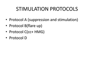 STIMULATION PROTOCOLS 
• Protocol A (suppression and stimulation) 
• Protocol B(flare up) 
• Protocol C(cc+ HMG) 
• Protocol D 
 