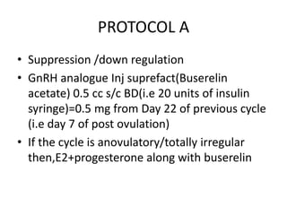 PROTOCOL A 
• Suppression /down regulation 
• GnRH analogue Inj suprefact(Buserelin 
acetate) 0.5 cc s/c BD(i.e 20 units of insulin 
syringe)=0.5 mg from Day 22 of previous cycle 
(i.e day 7 of post ovulation) 
• If the cycle is anovulatory/totally irregular 
then,E2+progesterone along with buserelin 
 