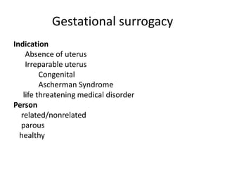 Gestational surrogacy 
Indication 
Absence of uterus 
Irreparable uterus 
Congenital 
Ascherman Syndrome 
life threatening medical disorder 
Person 
related/nonrelated 
parous 
healthy 
 