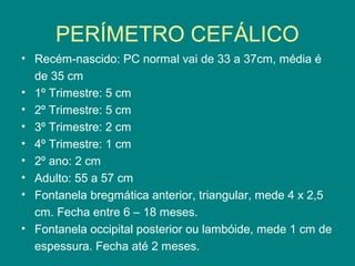 PERÍMETRO CEFÁLICO
• Recém-nascido: PC normal vai de 33 a 37cm, média é
de 35 cm
• 1º Trimestre: 5 cm
• 2º Trimestre: 5 cm
• 3º Trimestre: 2 cm
• 4º Trimestre: 1 cm
• 2º ano: 2 cm
• Adulto: 55 a 57 cm
• Fontanela bregmática anterior, triangular, mede 4 x 2,5
cm. Fecha entre 6 – 18 meses.
• Fontanela occipital posterior ou lambóide, mede 1 cm de
espessura. Fecha até 2 meses.

 