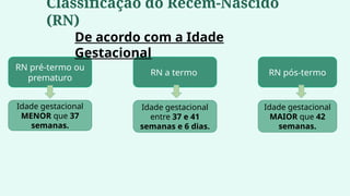RN pré-termo ou
prematuro
Idade gestacional
MENOR que 37
semanas.
Idade gestacional
entre 37 e 41
semanas e 6 dias.
RN a termo
Idade gestacional
MAIOR que 42
semanas.
RN pós-termo
Classificação do Recém-Nascido
(RN)
De acordo com a Idade
Gestacional
 