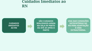 CUIDADOS
IMEDIATOS
AO RN
SÃO CUIDADOS
REALIZADOS AINDA
NA SALA DE PARTO
OU ATÉ 2H APÓS O
PARTO
VISA DAR CONDIÇÕES
SATISFATÓRIAS AO
RN PARA ADAPTAÇÃO
À VIDA
EXTRAUTERINA.
Cuidados Imediatos ao
RN
 